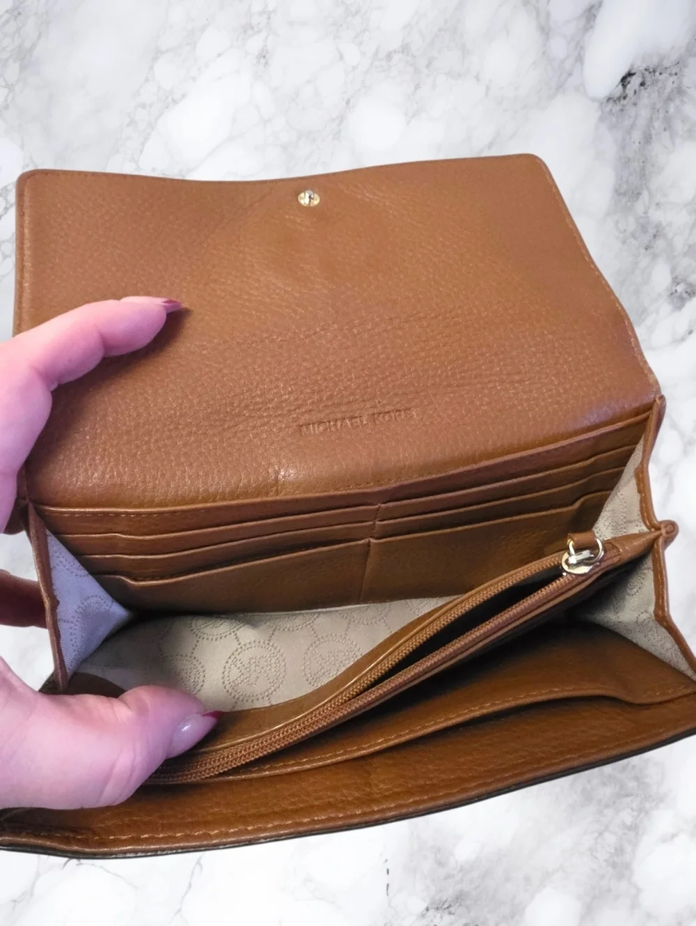 Michael Kors Cognac Leather Wallet MK Logo Continental Snap Closure Organizer